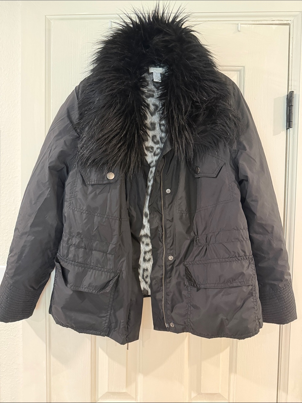 Chico's Black Light Puffer Jacket with Removable Faux Fur Collar Size 1
